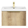 Milan Fluted 600mm Autumn Oak 1-Drawer Wall Hung Vanity Unit with Brushed Brass Handle