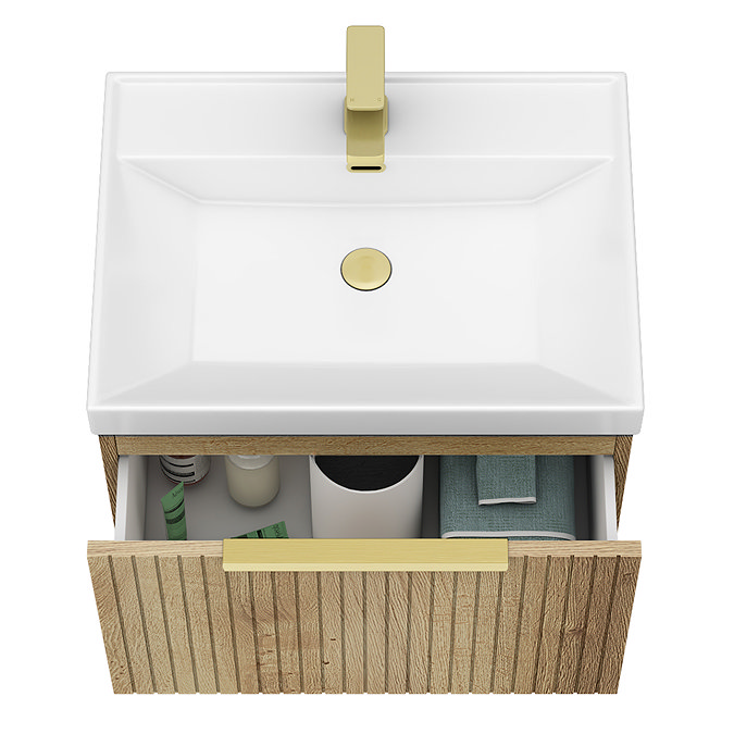 Milan Fluted 600mm Autumn Oak 1-Drawer Wall Hung Vanity Unit with Brushed Brass Handle