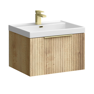 Milan Fluted 600mm Autumn Oak 1-Drawer Wall Hung Vanity Unit with Brushed Brass Handle