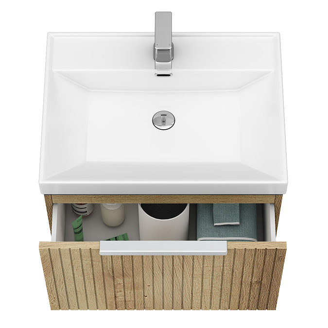 Milan Fluted 600mm Autumn Oak 1-Drawer Wall Hung Vanity Unit with Chrome Handle