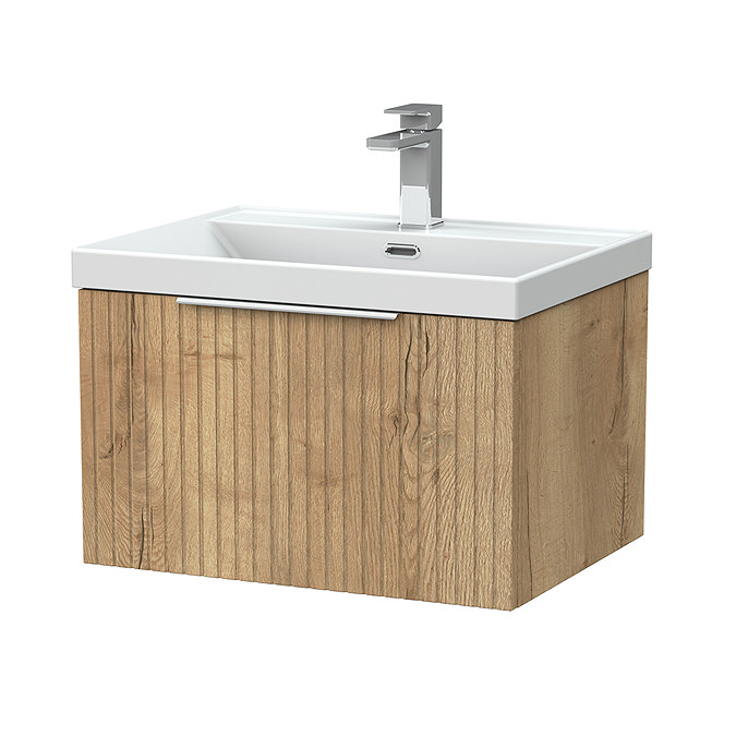 Milan Fluted 600mm Autumn Oak 1-Drawer Wall Hung Vanity Unit with Chrome Handle