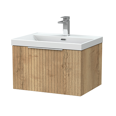 Milan Fluted 600mm Autumn Oak 1-Drawer Wall Hung Vanity Unit with Chrome Handle