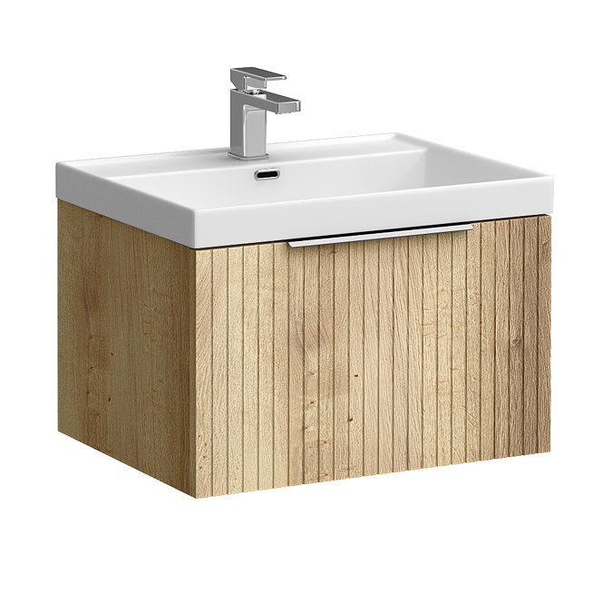 Milan Fluted 600mm Autumn Oak 1-Drawer Wall Hung Vanity Unit with Chrome Handle