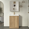 Milan Fluted 600mm Autumn Oak 2-Door Floor Standing Vanity Unit with Brushed Brass Handles