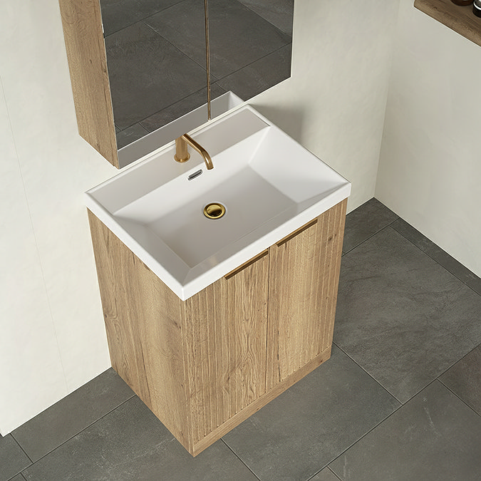 Milan Fluted 600mm Autumn Oak 2-Door Floor Standing Vanity Unit with Brushed Brass Handles
