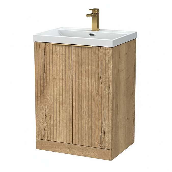 Milan Fluted 600mm Autumn Oak 2-Door Floor Standing Vanity Unit with Brushed Brass Handles