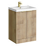 Milan Fluted 600mm Autumn Oak 2-Door Floor Standing Vanity Unit with Brushed Brass Handles