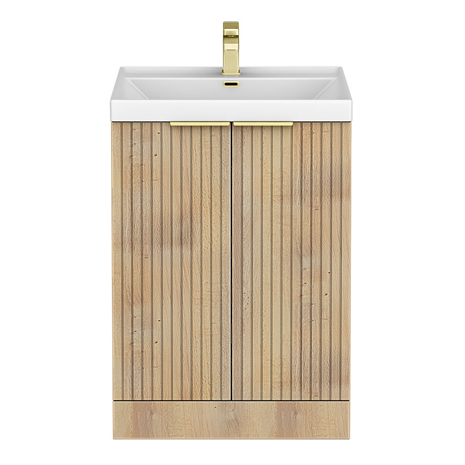 Milan Fluted 600mm Autumn Oak 2-Door Floor Standing Vanity Unit with Brushed Brass Handles