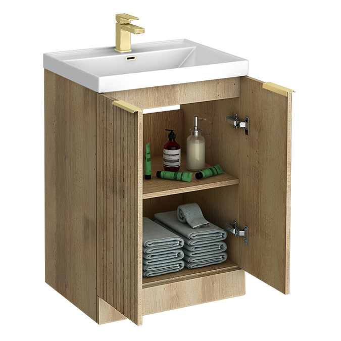 Milan Fluted 600mm Autumn Oak 2-Door Floor Standing Vanity Unit with Brushed Brass Handles