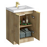 Milan Fluted 600mm Autumn Oak 2-Door Floor Standing Vanity Unit with Brushed Brass Handles