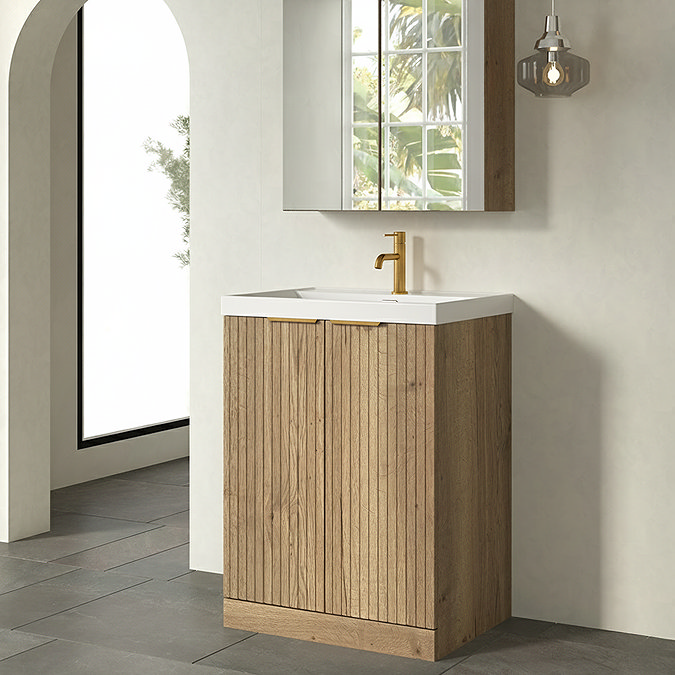 Milan Fluted 600mm Autumn Oak 2-Door Floor Standing Vanity Unit with Brushed Brass Handles