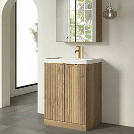 Milan Fluted 600mm Autumn Oak 2-Door Floor Standing Vanity Unit with Brushed Brass Handles