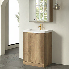 Milan Fluted 600mm Autumn Oak 2-Door Floor Standing Vanity Unit with Brushed Brass Handles