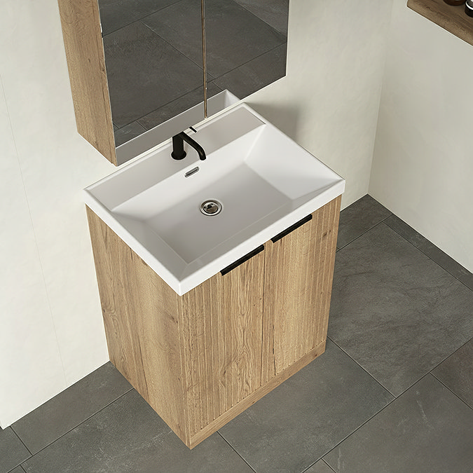 Milan Fluted 600mm Autumn Oak 2-Door Floor Standing Vanity Unit with Matt Black Handles