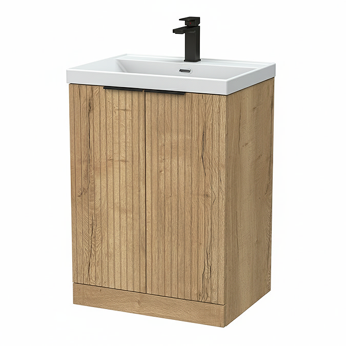 Milan Fluted 600mm Autumn Oak 2-Door Floor Standing Vanity Unit with Matt Black Handles
