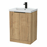 Milan Fluted 600mm Autumn Oak 2-Door Floor Standing Vanity Unit with Matt Black Handles