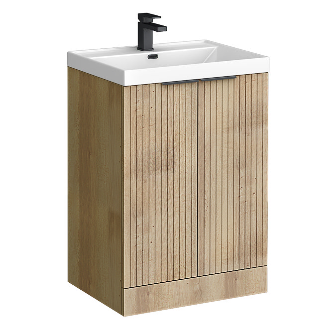 Milan Fluted 600mm Autumn Oak 2-Door Floor Standing Vanity Unit with Matt Black Handles