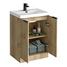 Milan Fluted 600mm Autumn Oak 2-Door Floor Standing Vanity Unit with Matt Black Handles
