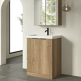Milan Fluted 600mm Autumn Oak 2-Door Floor Standing Vanity Unit with Matt Black Handles