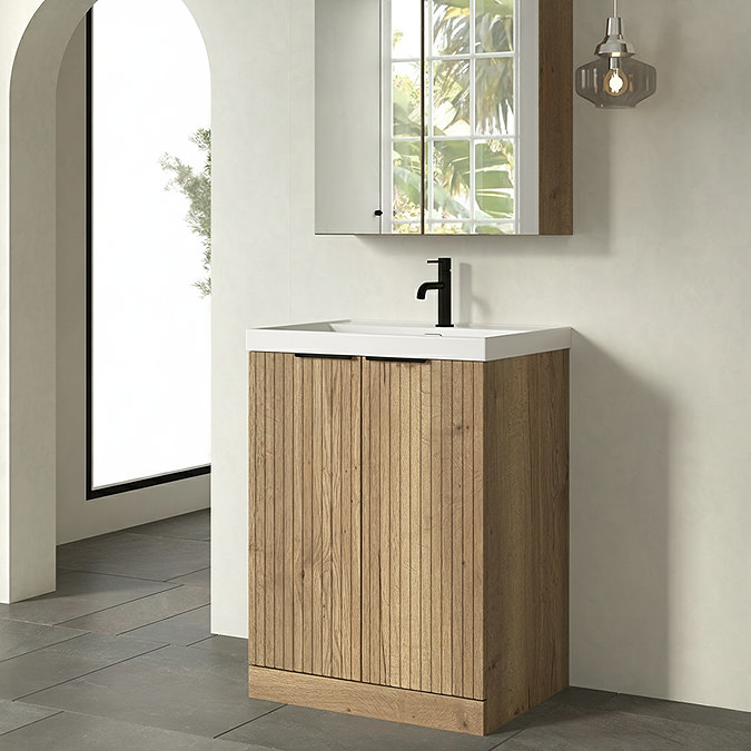 Milan Fluted 600mm Autumn Oak 2-Door Floor Standing Vanity Unit with Matt Black Handles
