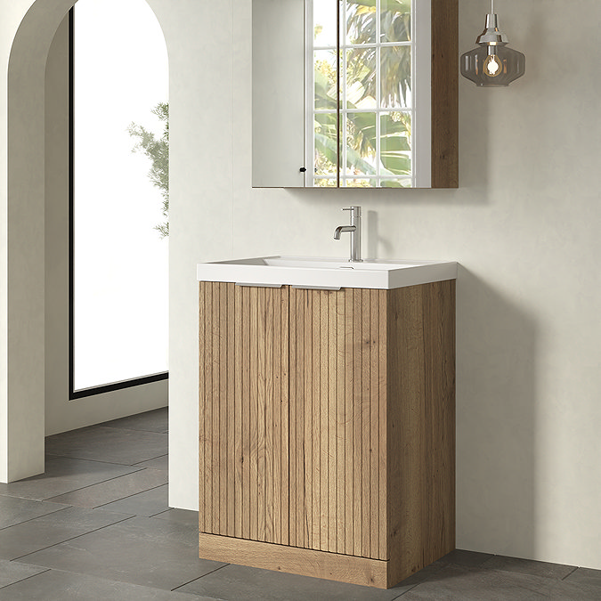 Milan Fluted 600mm Autumn Oak 2-Door Floor Standing Vanity Unit