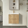 Milan Fluted 600mm Autumn Oak 2-Drawer Wall Hung Vanity Unit with Brushed Brass Handles