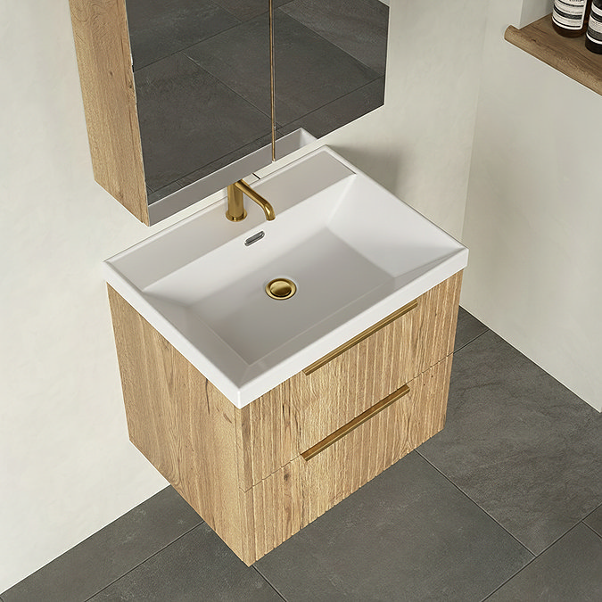 Milan Fluted 600mm Autumn Oak 2-Drawer Wall Hung Vanity Unit with Brushed Brass Handles