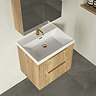 Milan Fluted 600mm Autumn Oak 2-Drawer Wall Hung Vanity Unit with Brushed Brass Handles