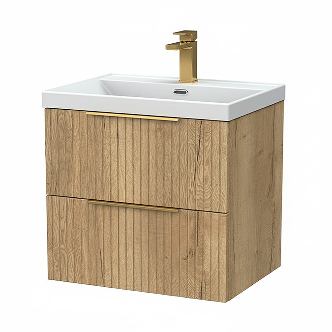 Milan Fluted 600mm Autumn Oak 2-Drawer Wall Hung Vanity Unit with Brushed Brass Handles