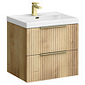Milan Fluted 600mm Autumn Oak 2-Drawer Wall Hung Vanity Unit with Brushed Brass Handles