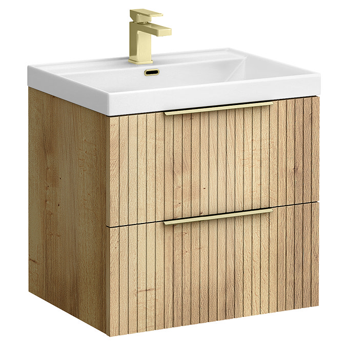 Milan Fluted 600mm Autumn Oak 2-Drawer Wall Hung Vanity Unit with Brushed Brass Handles