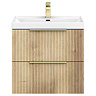 Milan Fluted 600mm Autumn Oak 2-Drawer Wall Hung Vanity Unit with Brushed Brass Handles