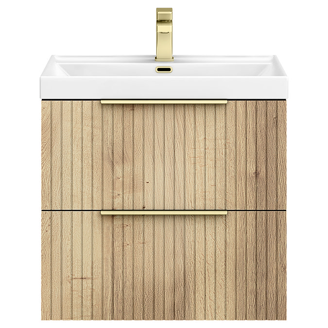Milan Fluted 600mm Autumn Oak 2-Drawer Wall Hung Vanity Unit with Brushed Brass Handles
