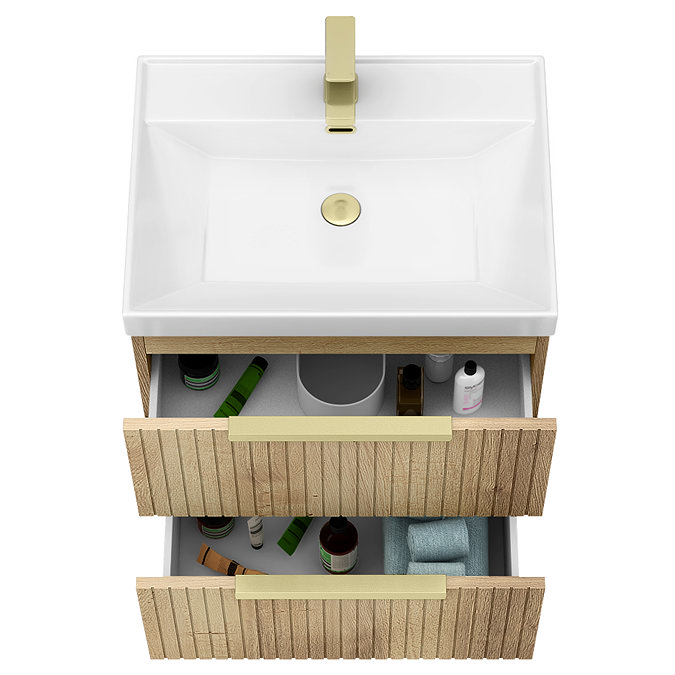 Milan Fluted 600mm Autumn Oak 2-Drawer Wall Hung Vanity Unit with Brushed Brass Handles