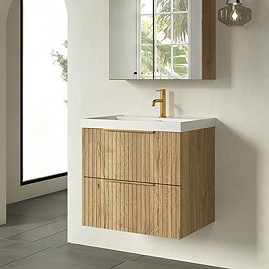 Milan Fluted 600mm Autumn Oak 2-Drawer Wall Hung Vanity Unit with Brushed Brass Handles