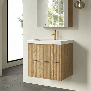Milan Fluted 600mm Autumn Oak 2-Drawer Wall Hung Vanity Unit with Brushed Brass Handles