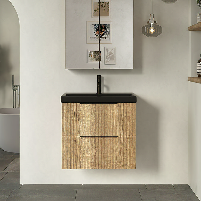 Milan Fluted 600mm Autumn Oak 2-Drawer Wall Hung Vanity Unit with Matt Black Basin + Handles