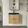 Milan Fluted 600mm Autumn Oak 2-Drawer Wall Hung Vanity Unit with Matt Black Basin + Handles