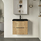 Milan Fluted 600mm Autumn Oak 2-Drawer Wall Hung Vanity Unit with Matt Black Basin + Handles