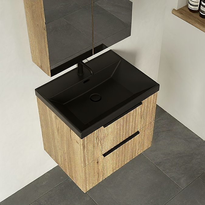 Milan Fluted 600mm Autumn Oak 2-Drawer Wall Hung Vanity Unit with Matt Black Basin + Handles