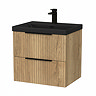 Milan Fluted 600mm Autumn Oak 2-Drawer Wall Hung Vanity Unit with Matt Black Basin + Handles