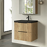 Milan Fluted 600mm Autumn Oak 2-Drawer Wall Hung Vanity Unit with Matt Black Basin + Handles
