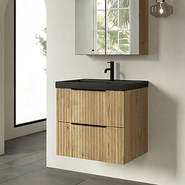 Milan Fluted 600mm Autumn Oak 2-Drawer Wall Hung Vanity Unit with Matt Black Basin + Handles