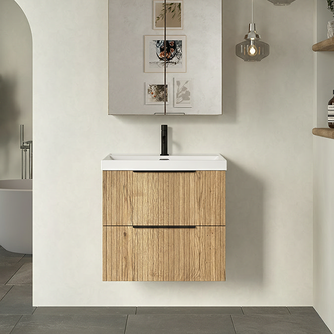 Milan Fluted 600mm Autumn Oak 2-Drawer Wall Hung Vanity Unit with Matt Black Handles