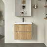 Milan Fluted 600mm Autumn Oak 2-Drawer Wall Hung Vanity Unit with Matt Black Handles