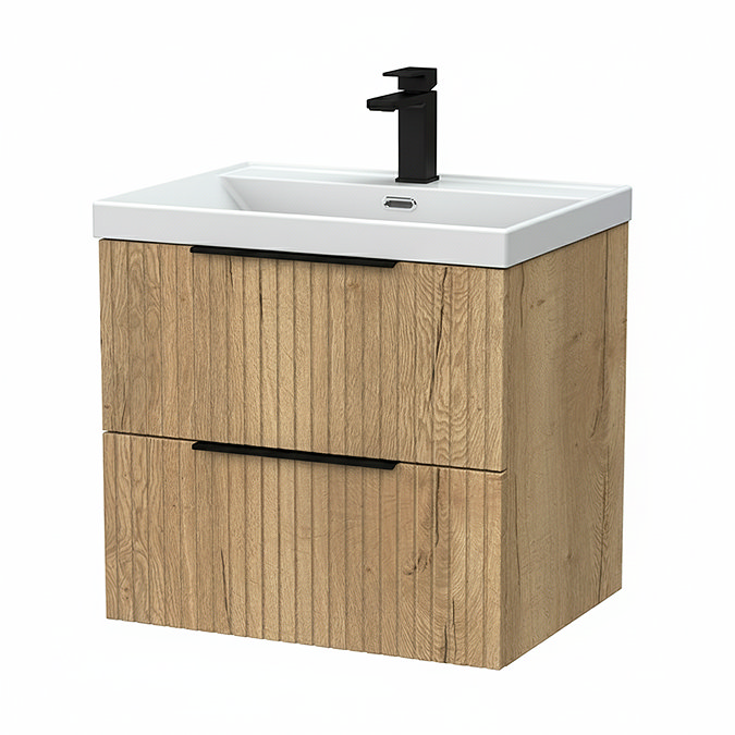 Milan Fluted 600mm Autumn Oak 2-Drawer Wall Hung Vanity Unit with Matt Black Handles