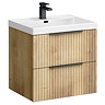 Milan Fluted 600mm Autumn Oak 2-Drawer Wall Hung Vanity Unit with Matt Black Handles