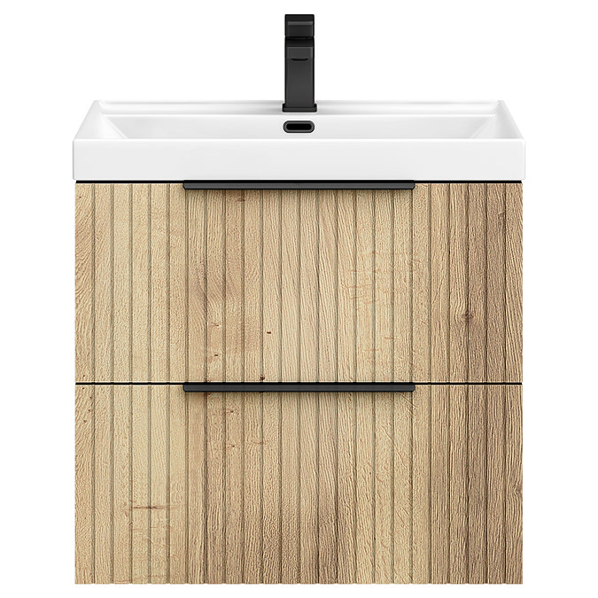 Milan Fluted 600mm Autumn Oak 2-Drawer Wall Hung Vanity Unit with Matt Black Handles
