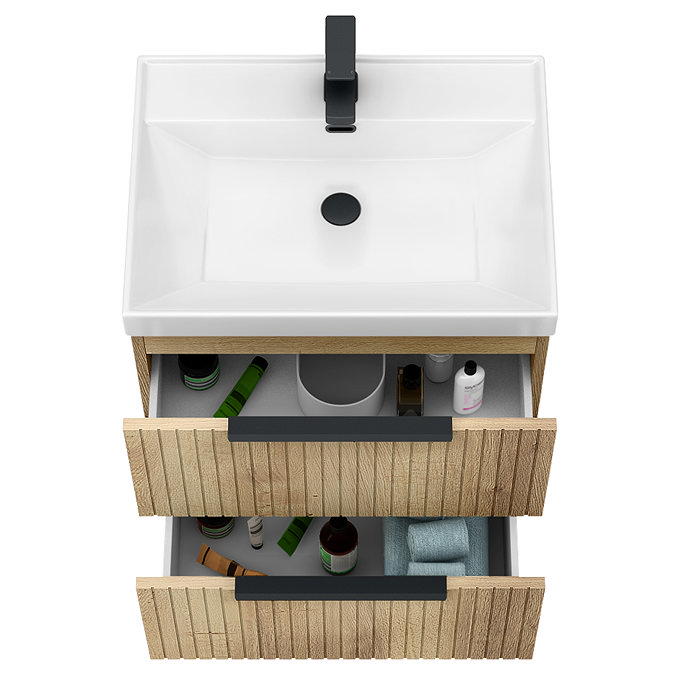 Milan Fluted 600mm Autumn Oak 2-Drawer Wall Hung Vanity Unit with Matt Black Handles