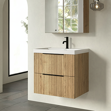 Milan Fluted 600mm Autumn Oak 2-Drawer Wall Hung Vanity Unit with Matt Black Handles